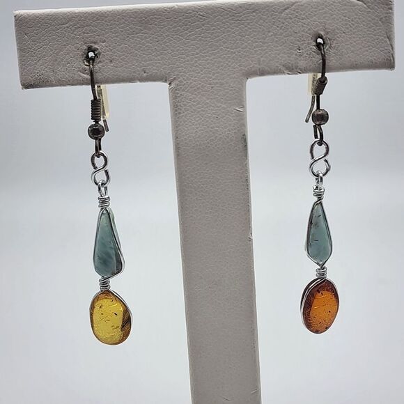 Larimar & Amber Dangling Earrings - Picture 1 of 4